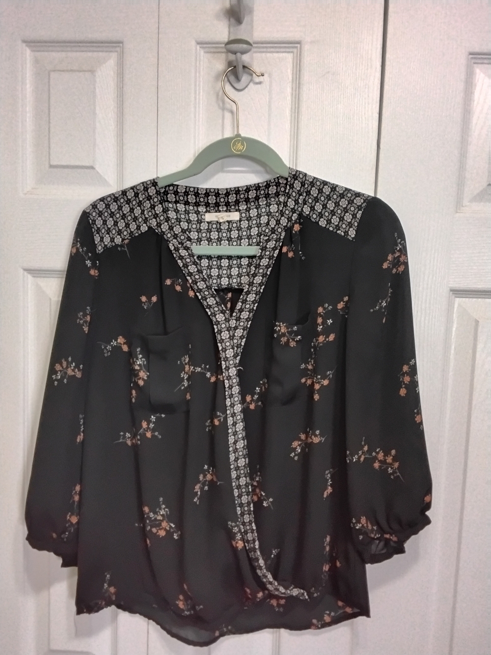 Maurices Black Floral Blouse with Peach Accents and Printed Trim